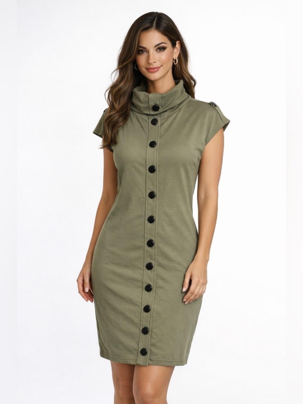 Joseph Ribbkoff Taupe Dress Sz 10 Military Button Front Sleeveless Turtleneck